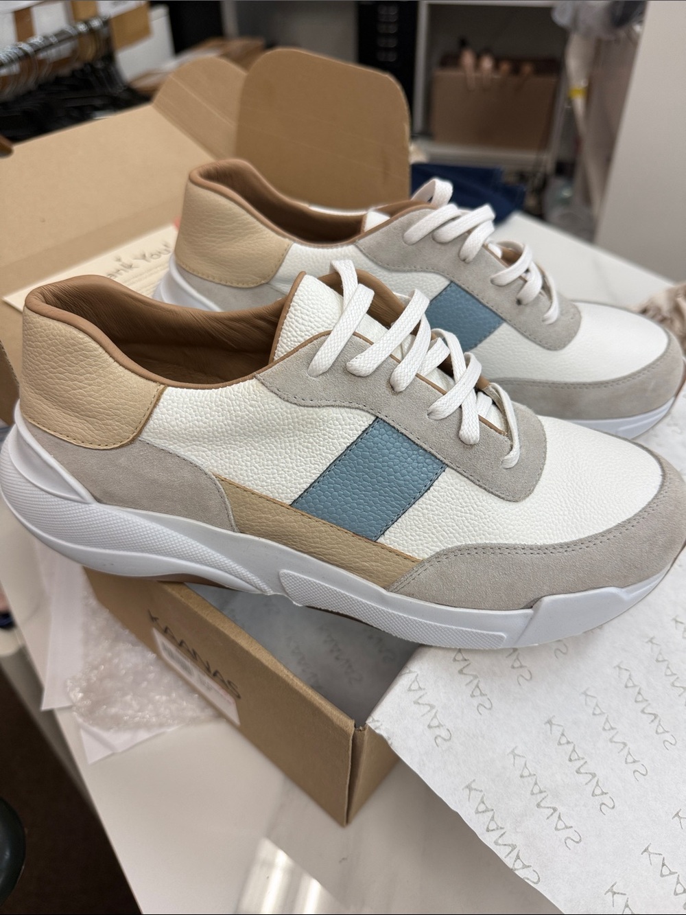 Kaanas White, Light Blue & Tan Mixed-Material Sneaker NWT